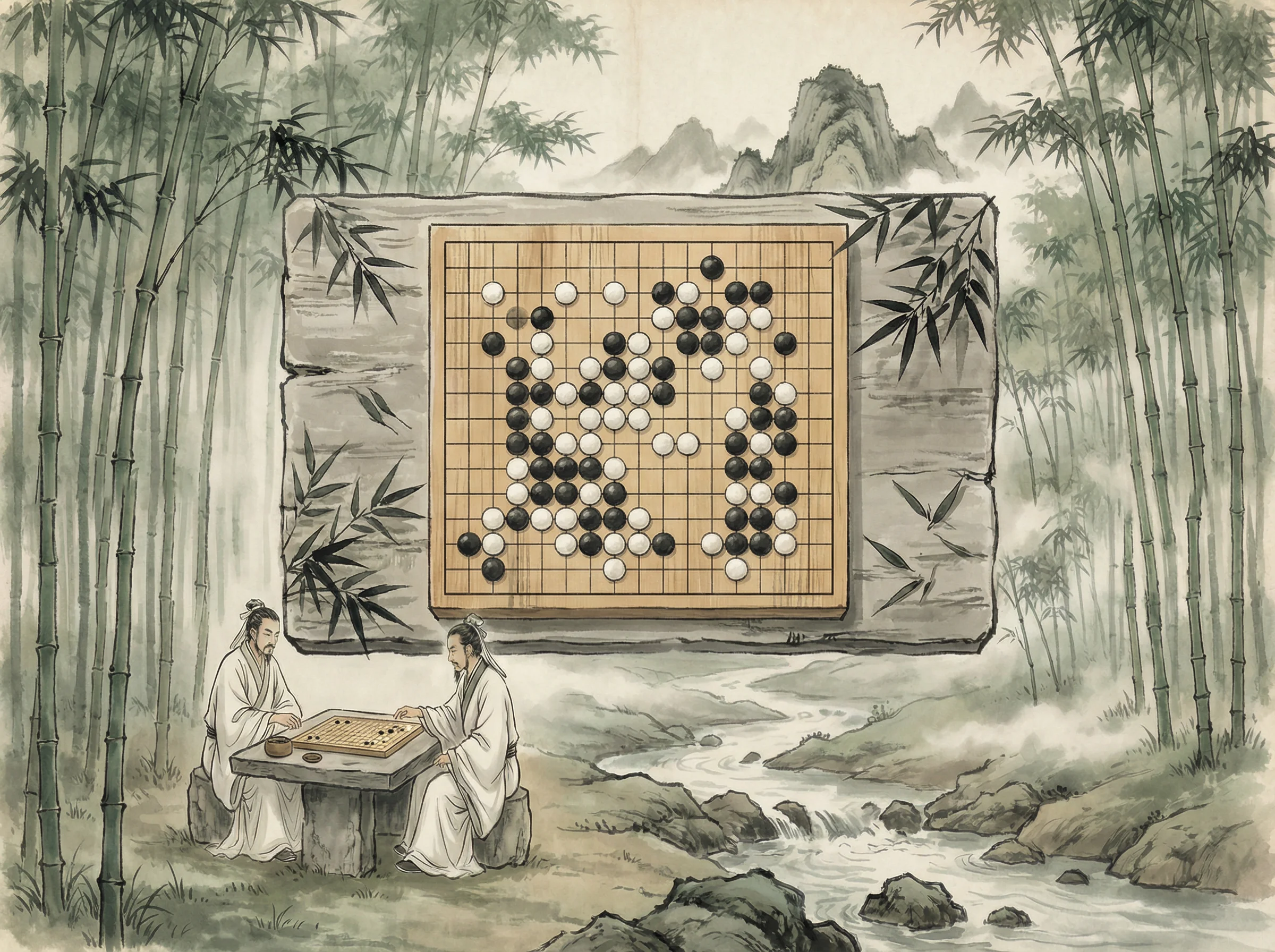 竹林悟道局 盛世棋牌2 棋盘布局，黑白子对峙
