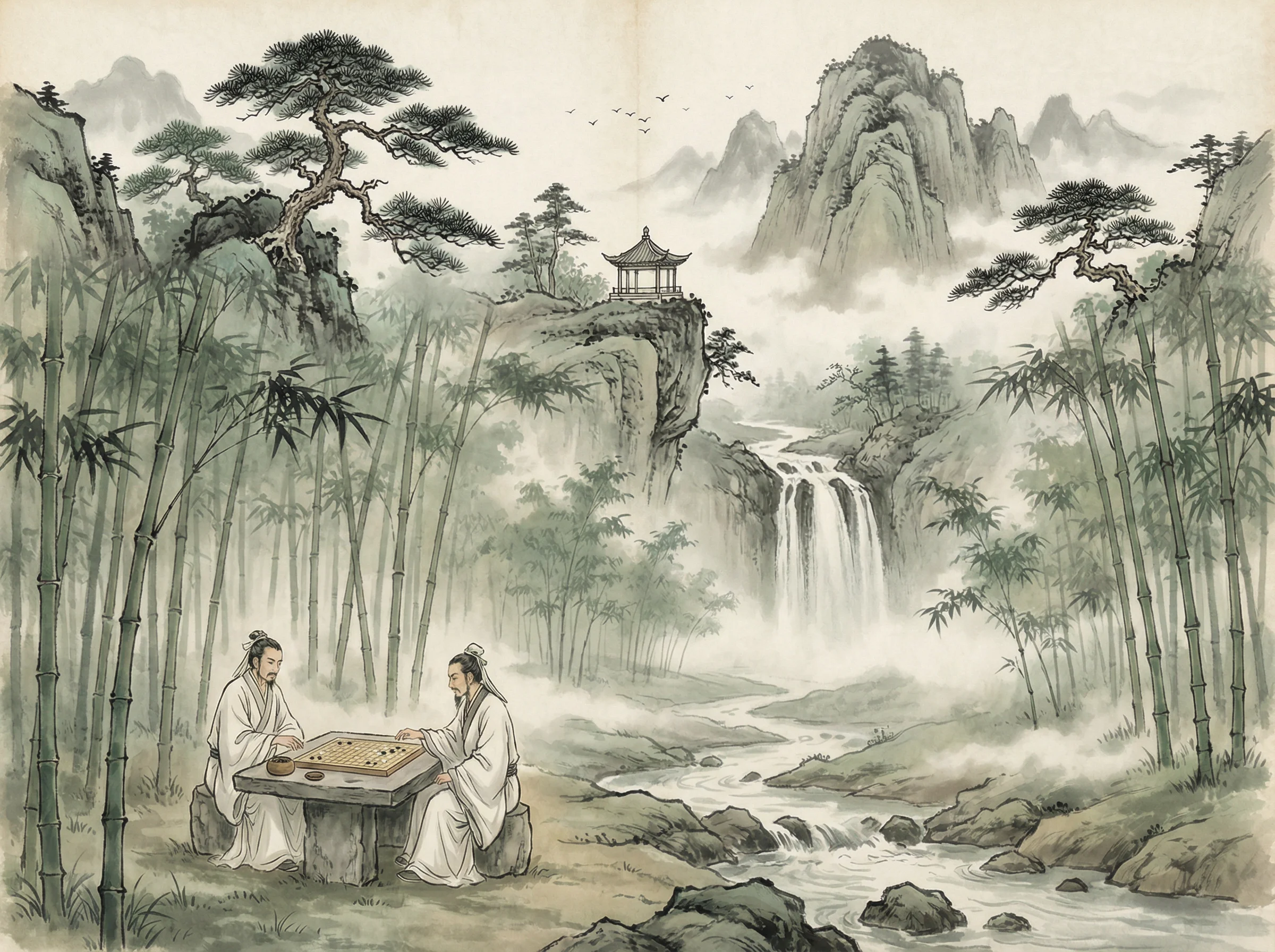 水墨山水画，松亭瀑布，盛世棋牌2 意境延伸
