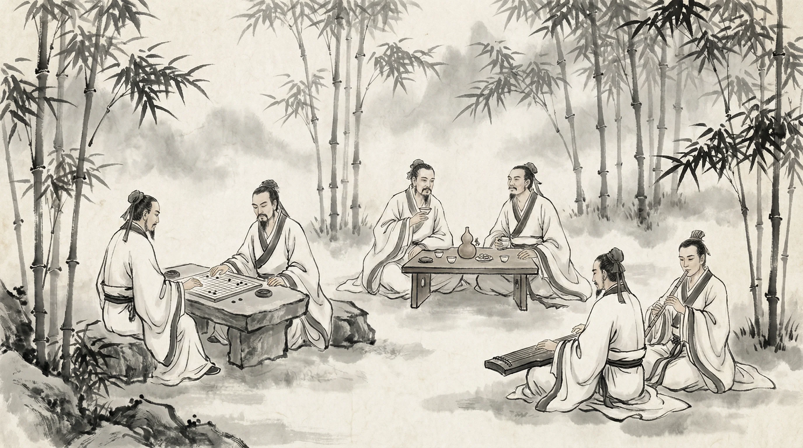 竹林七贤水墨画，隐士以棋会友，共参 盛世棋牌2 之道